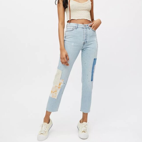 Blue patchwork Mom Jeans - Picture 1 of 3